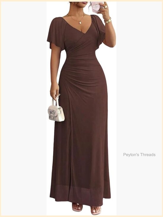 Dresses & Skirts - Women's Ruched Long Dress Split Thigh V Neck Short Sleeve Cocktail